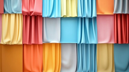 Naklejka premium Colorful fabric wall with draped curtains in various shapes and shades providing ample negative space for text and design elements
