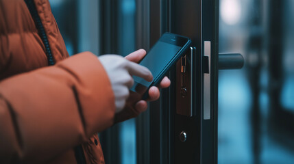 Naklejka premium Close-up of a person unlocking a smart door lock using a smartphone, showcasing modern home security and technology.