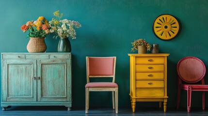 Vintage Wooden Furniture Set in Teal Coral and Mustard with Floral Arrangements and Empty Space for Text in Modern Interior Setting