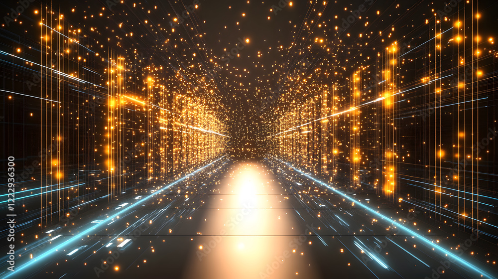 Poster Digital pathway illuminated by glowing particles and lines, creating a futuristic ambiance