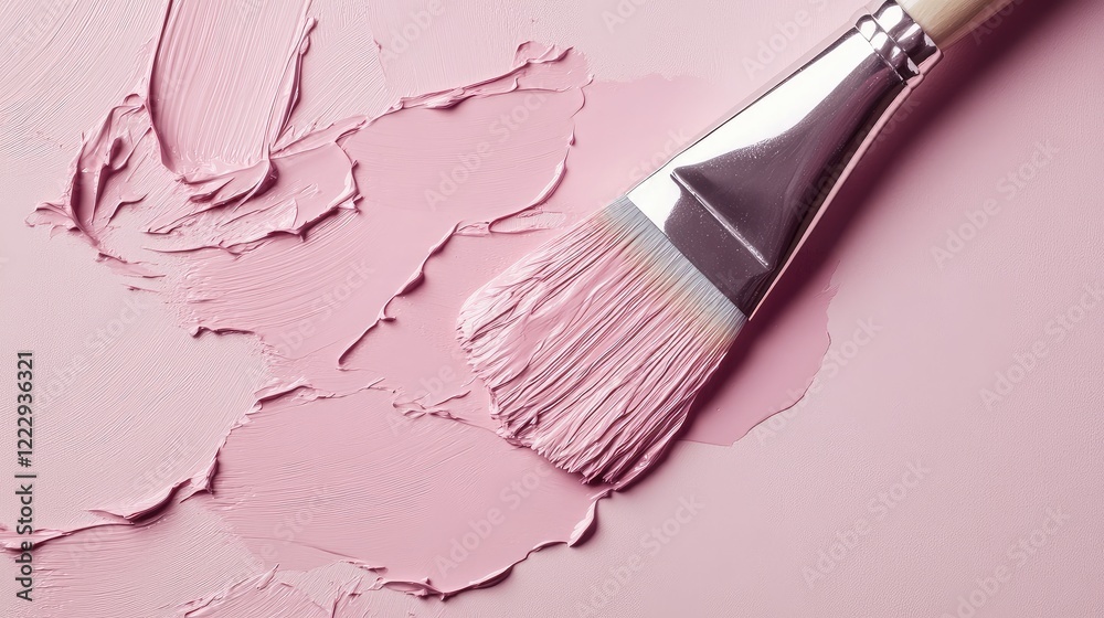 Poster macro close up of paintbrush and pink paint on smooth surface with empty space for creative text or 