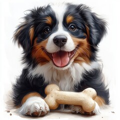 Playful puppy with a bone, smiling joyfully, set against a soft, blurred background of a cozy home