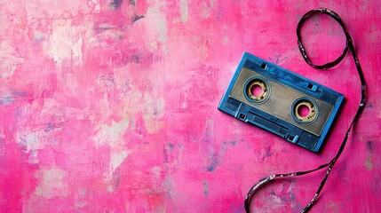 Vintage cassette tape on vibrant pink background with ample copy space, evoking nostalgia and creativity in retro music themes.