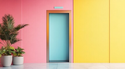 Fototapeta premium Colorful Vintage Elevator Door Frame in Bright Interior with Tropical Plants and Space for Text or Branding