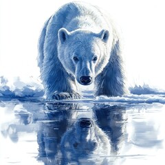 A majestic polar bear walking on ice, reflecting in the water, surrounded by a serene snowy landscape