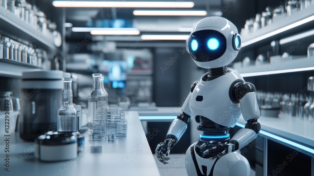 Poster a futuristic lab with an ai-powered robot performing tasks, illustrating the rise of intelligent aut