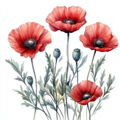 Vibrant red poppies with green stems and buds against a white background, perfect for floral design use