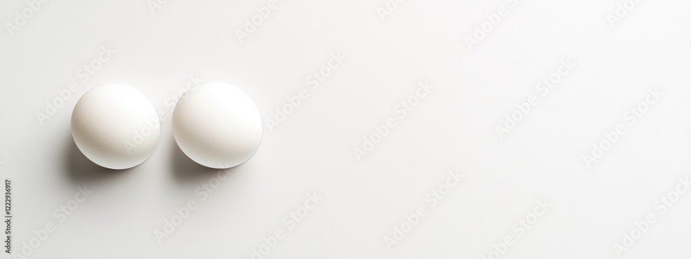 Poster two white spherical objects on a minimalist white background with ample copy space for text or graph