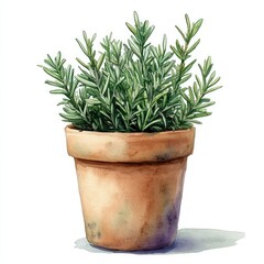 A vibrant potted rosemary plant showcasing lush green leaves in a rustic terracotta pot, ideal for culinary use