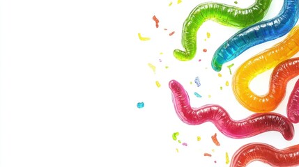 Obraz premium Colorful Gummy Worms on White Background with Empty Space for Text Perfect for Sweet Treats or Candy Promotions