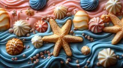 Vibrant sugar art of colorful ocean-themed cookies and cream decor with empty space for text ideal for culinary and baking themes