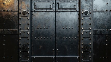 Iron metal door with textured dark scale effect featuring reflective surfaces and ample space for text or graphic design elements