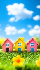 Colorful miniature houses on green grass field against a backdrop of a blurry sunny blue sky