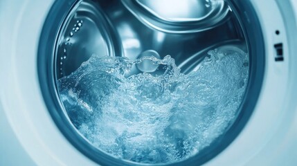 Inside an automatic washing machine with flowing water and empty space for text suitable for home appliance and cleaning-related content