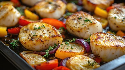 Healthy Baked Scallops with Colorful Vegetables in Gourmet Cuisine with Space for Text Placement and Presentation