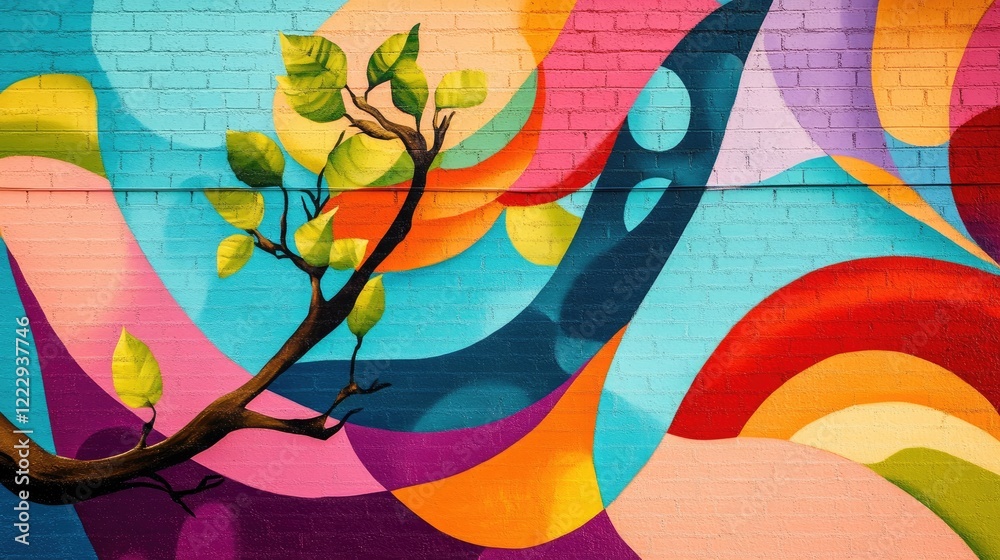 Poster vibrant mural artwork featuring abstract patterns and colors with ample empty space for text or bran