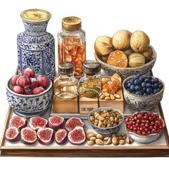 A vibrant display of assorted fruits, nuts, and jars on a decorative tray, showcasing a rich variety of textures