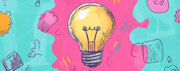 A colorful illustration featuring a glowing light bulb at the center, surrounded by playful doodles and vibrant shapes, symbolizing creativity and ideas.