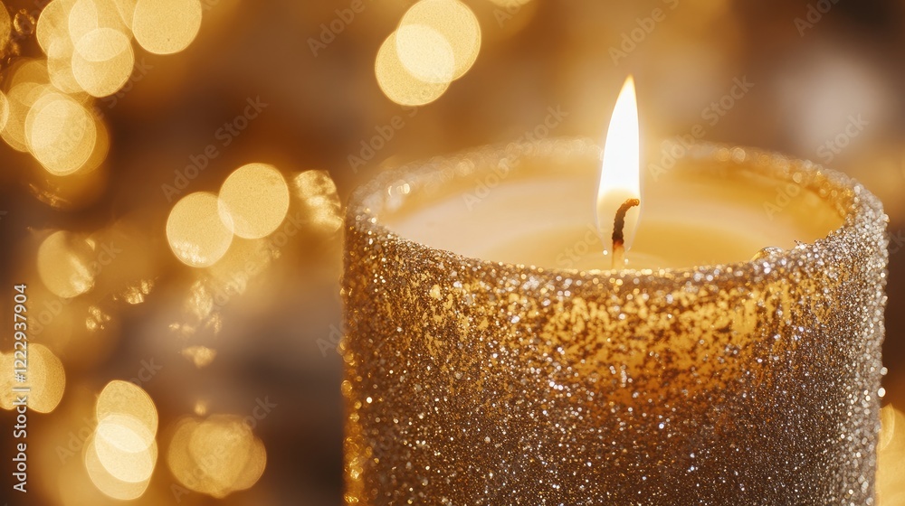 Poster golden glitter candle closeup with shimmering bokeh lights creating a warm ambiance and ample space 