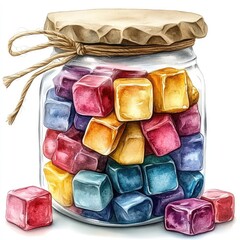 A colorful jar filled with vibrant, translucent cubes, surrounded by scattered cubes on a clean surface