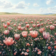 Expansive field of blooming pink tulips under a bright sky with distant hills and clouds, ideal for nature themes