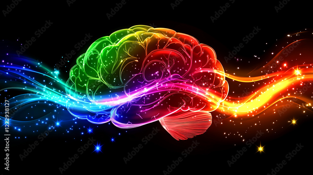 Poster colorful abstract brain with neon energy and cosmic elements on a dark background