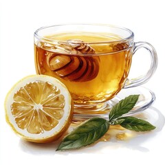 A clear glass cup of honey lemon tea with fresh lemon slices and green leaves on a white background