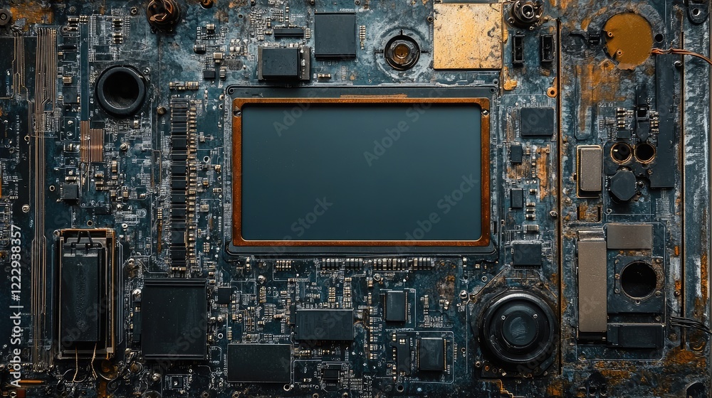 Poster close up of an electronic circuit board with metallic details featuring a blank digital display for 