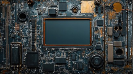 Fototapeta premium Close up of an electronic circuit board with metallic details featuring a blank digital display for customizable text or graphics