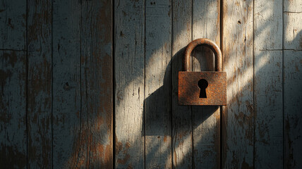 Representations of Rust Concept, rusted padlock on old wooden door with sunlight casting shadows