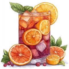 Refreshing citrus drink with vibrant oranges and herbs, garnished with ice, set against a bright background