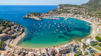 Aerial view of the summer resort town Port de Soller on Mallorca, Spain