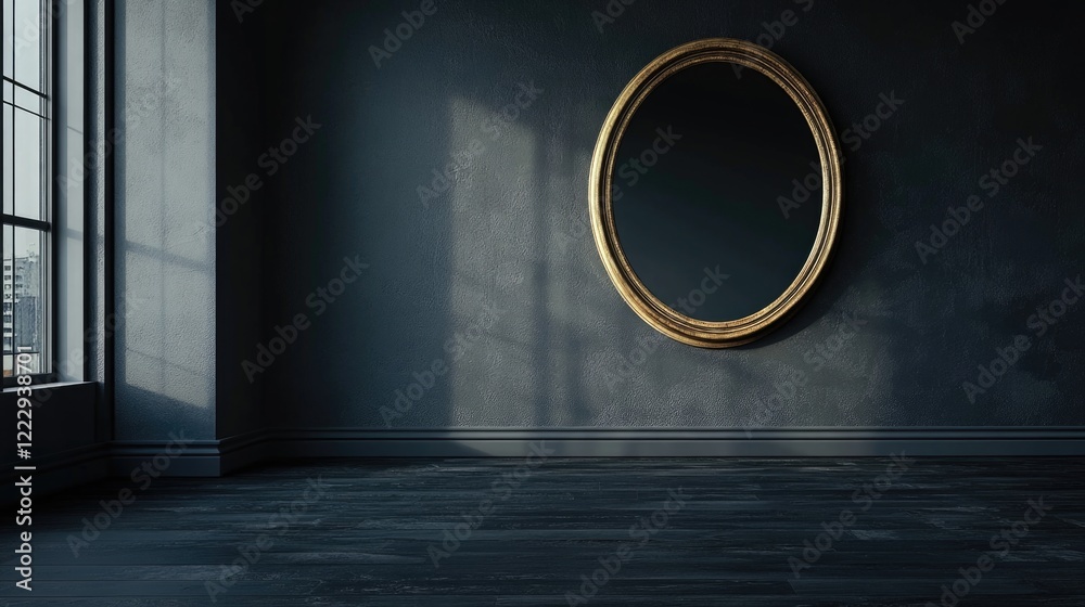 Poster elegant mirror reflection in minimalist dark grey interior with ample empty space for customized tex