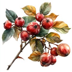 Vibrant illustration of red berries on a branch with green and yellow leaves, showcasing nature's beauty