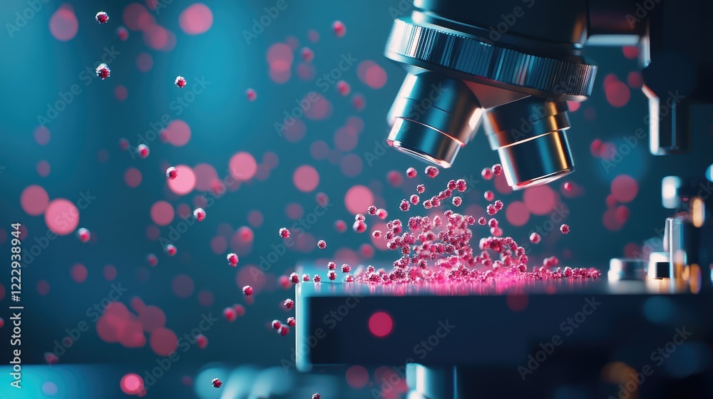 Poster laboratory microscope with medical particles and bokeh effect empty copy space for text