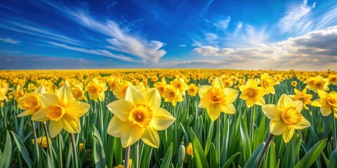Fototapeta premium Vibrant daffodil fields in full bloom with tall bright yellow flowers swaying gently in the breeze amidst lush green grass and soft blue sky, blooming, field