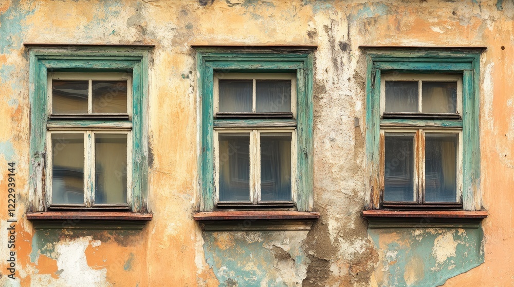 Poster close up of aged building windows showcasing weathered textures with clear space for text or design 
