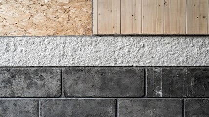 Textured background of construction materials showcasing brick wall, wood paneling, and textured plaster for architectural design projects