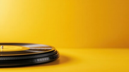 A classic vinyl record beautifully contrasts against a bright yellow background, celebrating the nostalgia of music while capturing an artistic expression of sound.