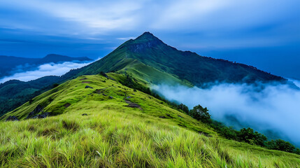 Fototapeta premium misty mountain landscape at sunrise with lush green hills and clouds. serene atmosphere evokes sense of tranquility and natural beauty