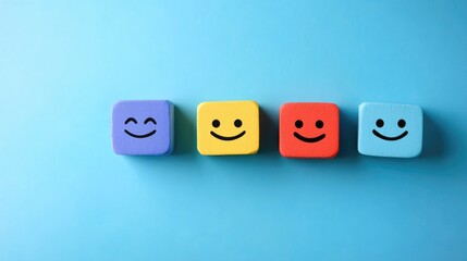 Customer sentiment analysis icons showcasing diverse emotions with space for text on a vibrant blue background for digital marketing applications