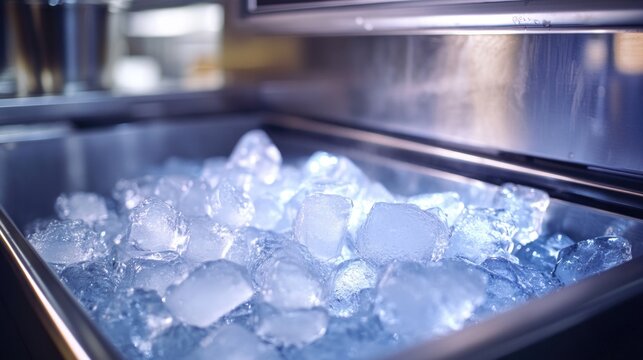 Close up of an ice maker machine showcasing ice cubes with sleek metallic surface and empty space for branding or informational text