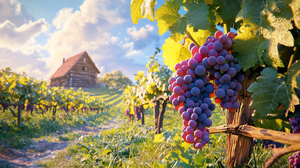 peaceful vineyard in countryside with ripe grapes and rustic house. vibrant colors and serene atmosphere create perfect setting for relaxation and enjoyment