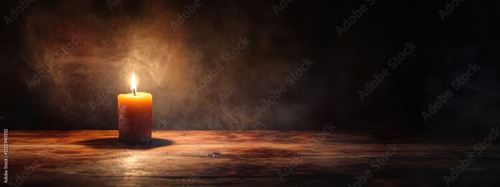 Poster candle casting warm light in a dark atmospheric setting with ample space for text or design elements