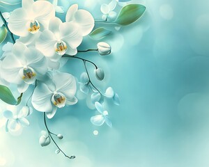 Blue background with textured patterns featuring white orchid flowers positioned on the right and soft blue pebbles scattered nearby 