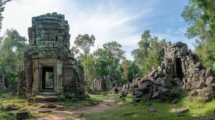 A panoramic view of ancient stone ruins rising from the jungle, with a clear sky and jungle flora enveloping the scene.