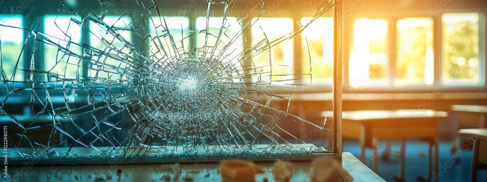 Poster broken glass in an empty classroom creating a dramatic atmosphere with natural light and ample space