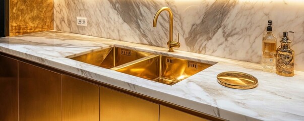 Modern kitchen with brass sink and marble countertops features contemporary design elements