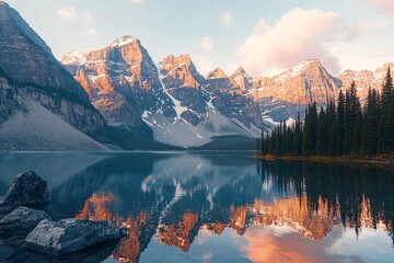 Fototapeta premium Majestic mountain landscape reflecting in tranquil lake at sunset with vibrant clouds and pine trees