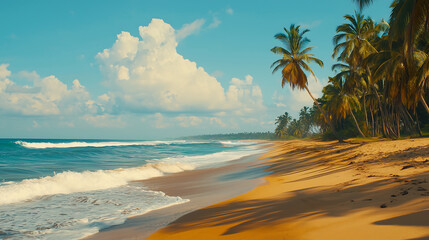 serene tropical beach with soft waves, golden sand, and palm trees swaying gently in breeze creates peaceful atmosphere